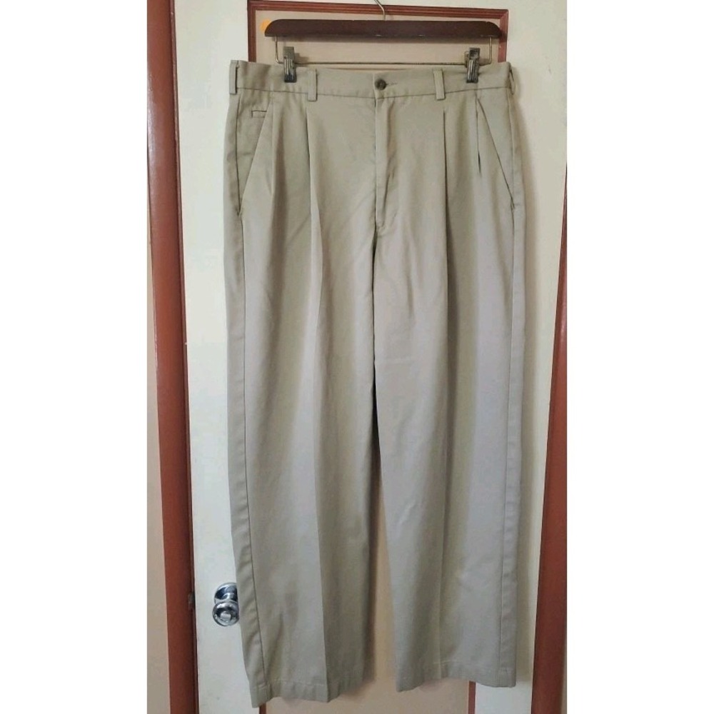 Haggar Men Tan Button & Zip Pleated  Straight Leg Business Pant 34X30